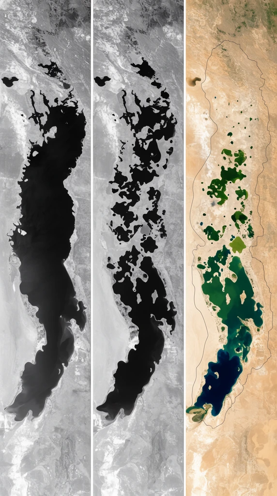 A three-panel side-by-side satellite sequence depicting the progressive shrinking of a large inland sea. The two monochromatic left panels show a massive dark water body severely receding and fragmenting across lighter terrain. The rightmost full-color panel reveals an arid tan desert containing isolated, vibrant green and deep blue lakes, with a thin drawn contour line tracing the vastly larger original perimeter.