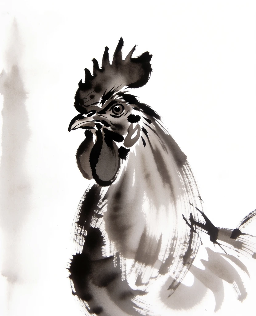 rooster portrait, ink wash painting, expressive brushwork, minimalist, elegant, traditional Asian vibe