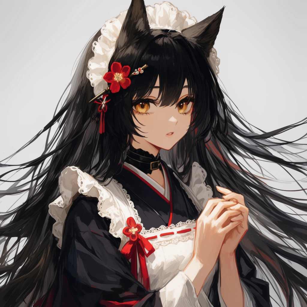 Anime-style illustration of a young woman with long flowing black hair and dark animal ears wearing a ruffled white maid headdress. She has large amber eyes and a delicate red flower hairpin. Her outfit merges a dark kimono-style top with a white lace-trimmed apron and red ribbon accents, completed by a black neck collar. Her hands are gently clasped near her chest. The pale gray background highlights the painterly shading, soft lighting, and dynamic windswept strands of her hair.