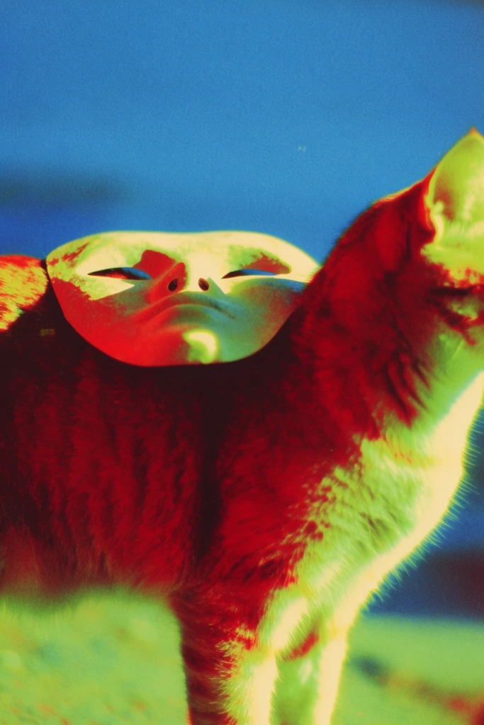 A cat stands with a mask positioned flat across its back, rendered in an extreme false-color analog film aesthetic with a hyper-saturated, high-contrast palette. The cat's fur and the mask are illuminated by harsh, intense light that creates blown-out, acidic neon yellow-green highlights along their upward-facing edges. These bright areas transition abruptly into deep, bleeding crimson red midtones and heavy shadows. The background is a smooth, out-of-focus expanse of solid, artificial cerulean blue, providing a stark complementary contrast to the vivid red and green subjects in the foreground. The overall visual texture features heavy, coarse film grain, noticeable chromatic aberration, color halation blurring the bright edges, and a slightly soft focus characteristic of lo-fi, cross-processed retro photography.