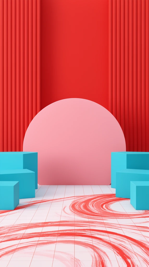 minimalist 3D stage, central pink semicircle, cyan cubic pedestals, red wall with ribbed panels, white grid floor with swirling red brushstrokes, symmetrical composition, matte textures