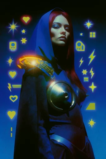 Surreal Retro-Futurist Distortion style reference image — cobalt blue and neon red