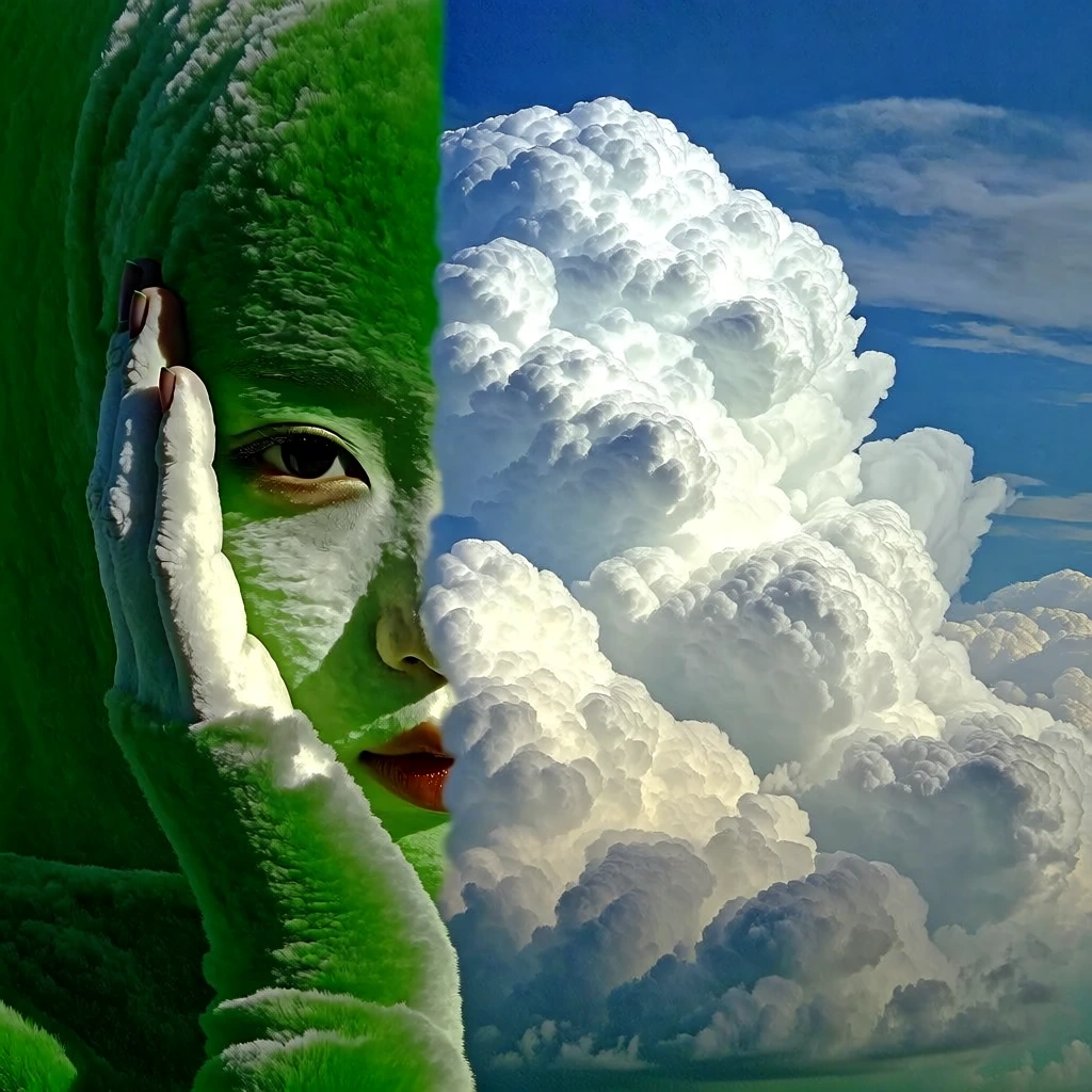 surrealist dreamcore portrait, vertical bisect composition, a woman’s face framed by her hands on the left rendered in hyper-saturated emerald green with a soft velvety texture, juxtaposed against a right side of massive billowing white cumulonimbus clouds and a deep cerulean sky, high-contrast lighting, sharp textural definition, monumental scale, minimalist aesthetic, ethereal liminal mood, vibrant color blocking, slight digital grain, nostalgic late-90s rendering quality.