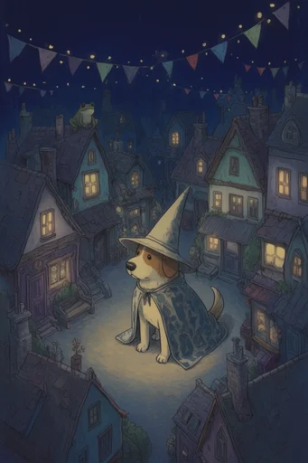 Whimsical Nocturnal Folklore style reference image — stylized geometric shapes