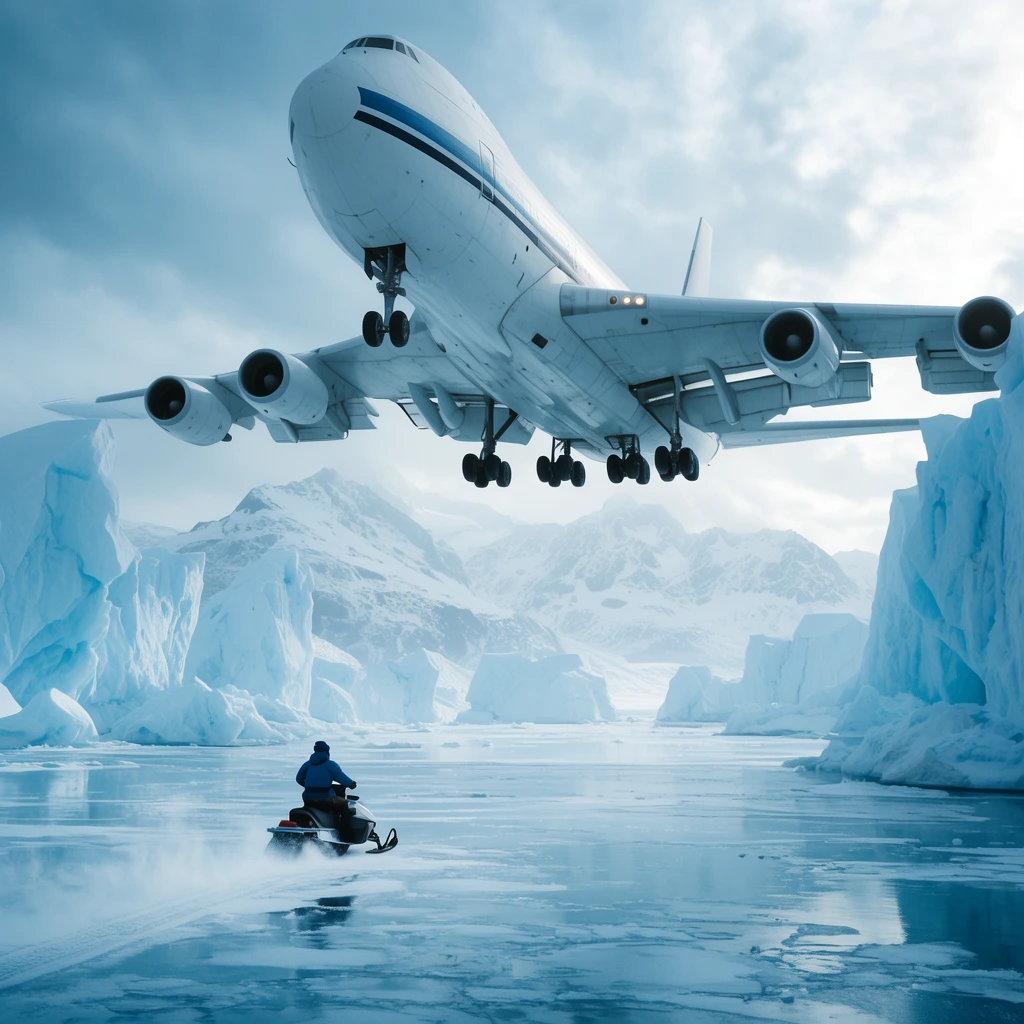 massive white four-engine plane flying low over a frozen lake, tiny figure riding a snowmobile below, towering icebergs, snowy mountains, wide cinematic shot, icy cool tones
