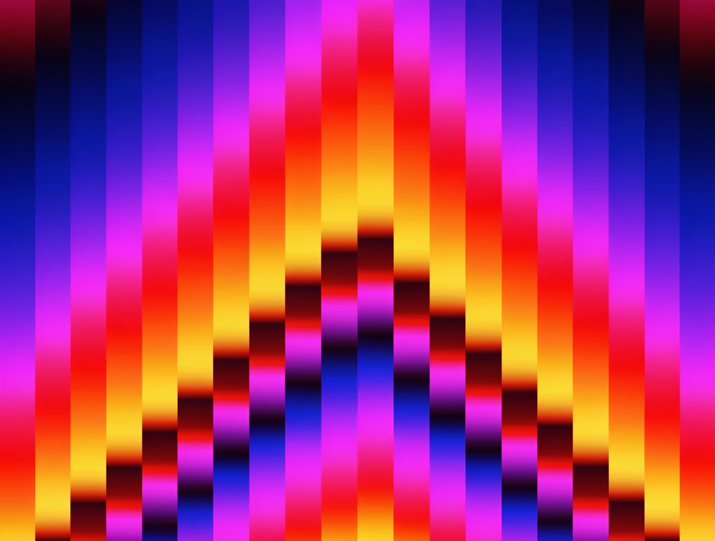 An abstract geometric composition of vertical stripes with vibrant gradients forming a stepped, glowing triangular shape. Uniform bands feature smooth transitions of deep blue, vivid magenta, bright red, and luminous yellow. A central chevron pattern emerges through staggered horizontal cut-offs, contrasting dark maroon segments with neon hues to create a sleek, symmetrical optical illusion of radiant depth.