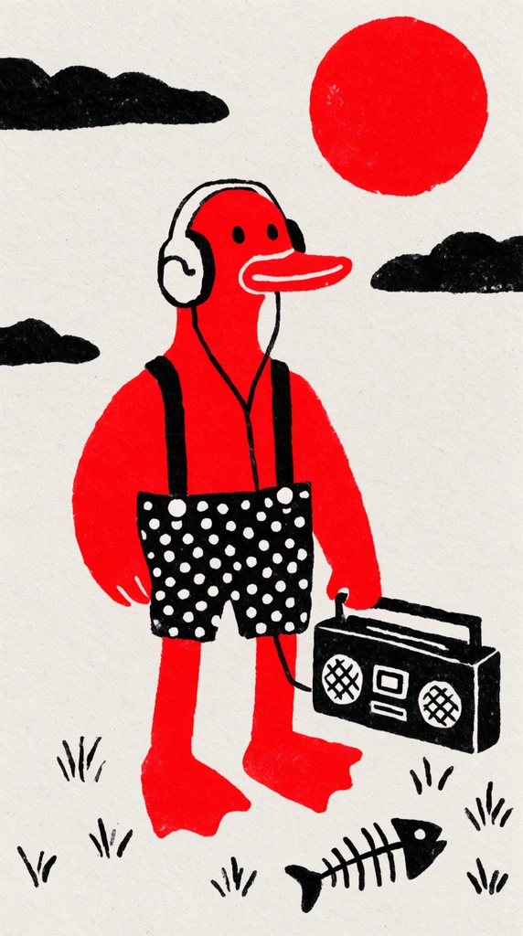 bright red anthropomorphic duck, black polka dot suspender shorts, white headphones wired to a black boombox, off-white grainy paper background, scattered black grass, black fish skeleton on ground, flat black clouds, solid red sun, minimalist two-color zine illustration, rough screen-print texture