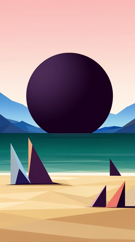 minimalist geometric landscape, massive dark purple sphere on teal water horizon, flat polygonal sandy beach, abstract triangular structures, blue mountains, pale pink gradient sky, vector art