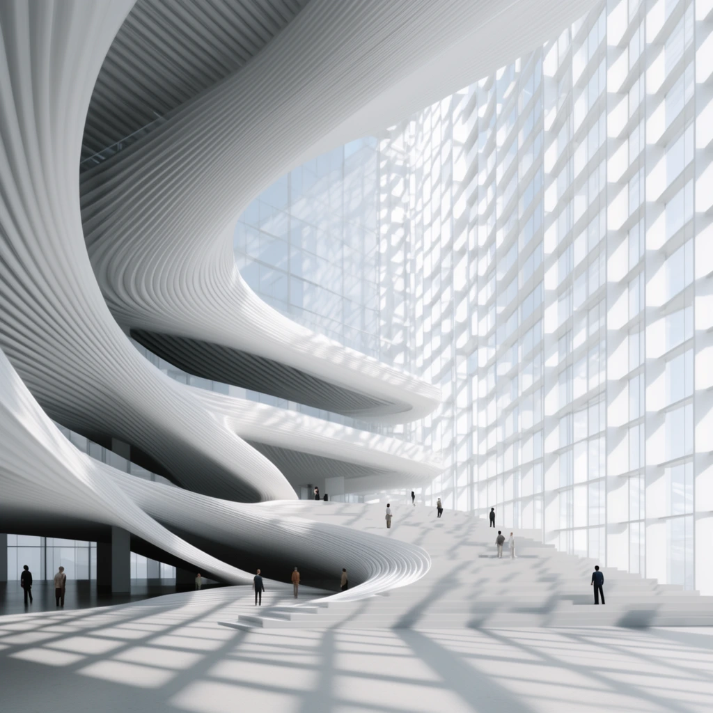 sweeping white parametric curves in a bright modern atrium, multi-level stairs, expansive glass grid facade, geometric sun shadows, tiny human figures, architectural render