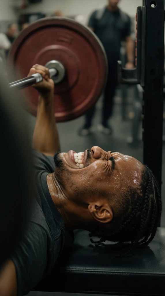 close-up profile of a man exerting extreme physical effort during a barbell bench press, face contorted in an intense grimace with gritted teeth and squeezed eyes, skin glistening with heavy sweat, braided hair, dark grey t-shirt, lying flat on a black padded weight bench, gripping a silver barbell loaded with a large reddish-brown weight plate, dark out-of-focus shape in the immediate left foreground, shallow depth of field blurring the background gym environment and distant standing figures, black metal rack upright on the right, cinematic lighting highlighting facial tension, muted color palette