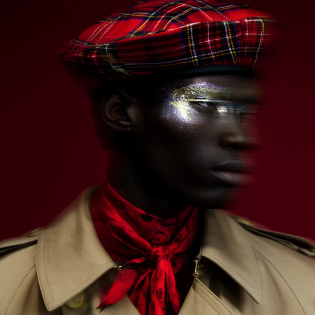 dark-skinned male model, red tartan beret, tan trench coat, red ascot, metallic makeup over eye, motion blur on face, deep red background, moody fashion portrait