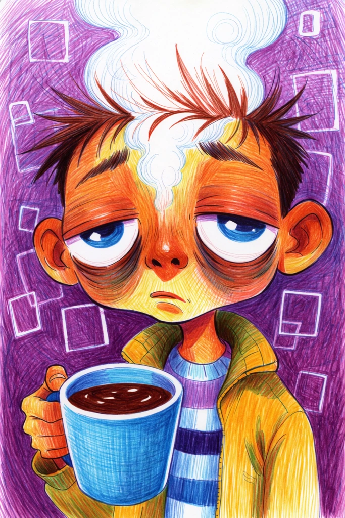 stylized colored pen illustration of an exhausted boy with a massive head and giant droopy blue eyes, holding an oversized blue mug of dark brown liquid, thick white steam billowing upward from his spiky hair, orange skin with energetic cross-hatched shading, heavy dark bags under half-closed eyes, yellow jacket over a striped shirt, vibrant purple background with chaotic scribbled shading, scattered floating rectangular outlines, surreal caricature proportions, ballpoint pen aesthetic, expressive linework