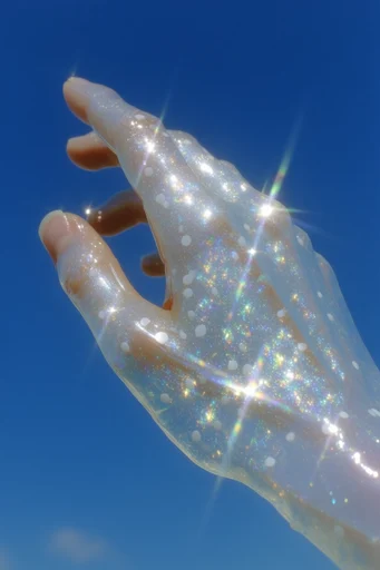 Prismatic Rhinestone Surrealism style reference image — vibrant blue sky background