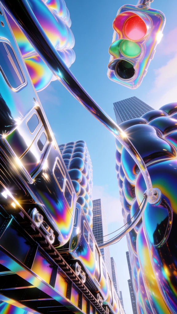 low-angle worm's-eye view of a commuter train on elevated rails floating above skyscraper spires, all elements rendered as inflated iridescent soap-bubble volumes, thin-film interference creating prismatic rainbow fringes on organic bulbous contours, high-gloss refractive glass with sharp specular glints and starbursts, set against a bright cerulean blue sky with hazy soft-focus clouds, surreal ethereal dreamcore aesthetic, glossy liquid surfaces, high-fidelity 3d cgi rendering