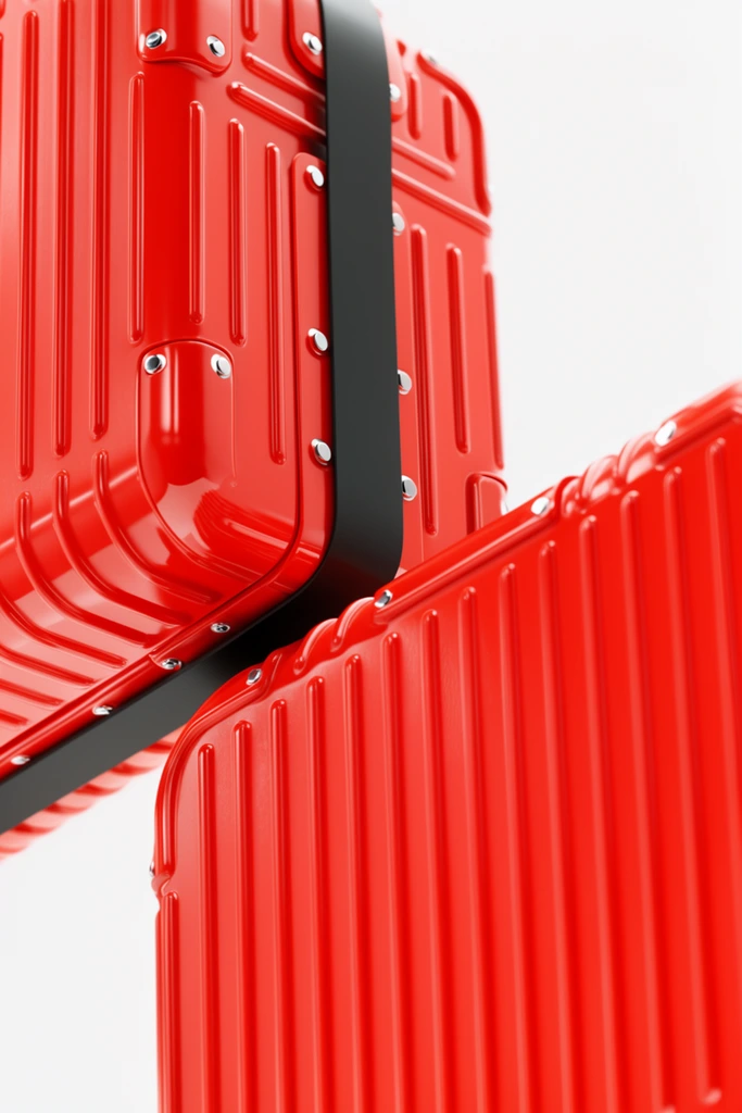 macro photography of glossy bright red corrugated hard-shell panels, interlocking geometric structures with vertical parallel ridges, thick matte black strap secured by silver rivets, crisp specular reflections emphasizing rounded edges, stark white background, sleek industrial product design