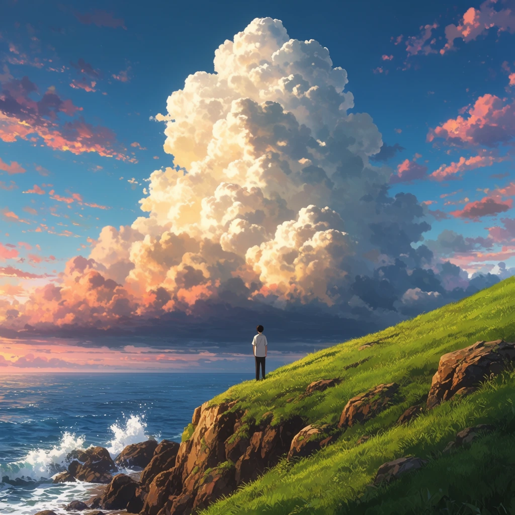 tiny solitary figure on a steep grassy cliff overlooking a blue ocean, massive towering cumulonimbus cloud dominating the azure sky, figure seen from behind in a white shirt, vibrant green grass and craggy brown rocks, scattered clouds tinted with pink and orange sunset hues, dramatic warm lighting illuminating the colossal cloud, crashing white waves against the rocky shore, anime style landscape digital painting, highly detailed cinematic composition emphasizing immense scale