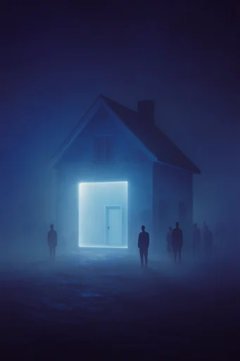 Cinematic Void Minimalism style reference image — glowing geometric portal