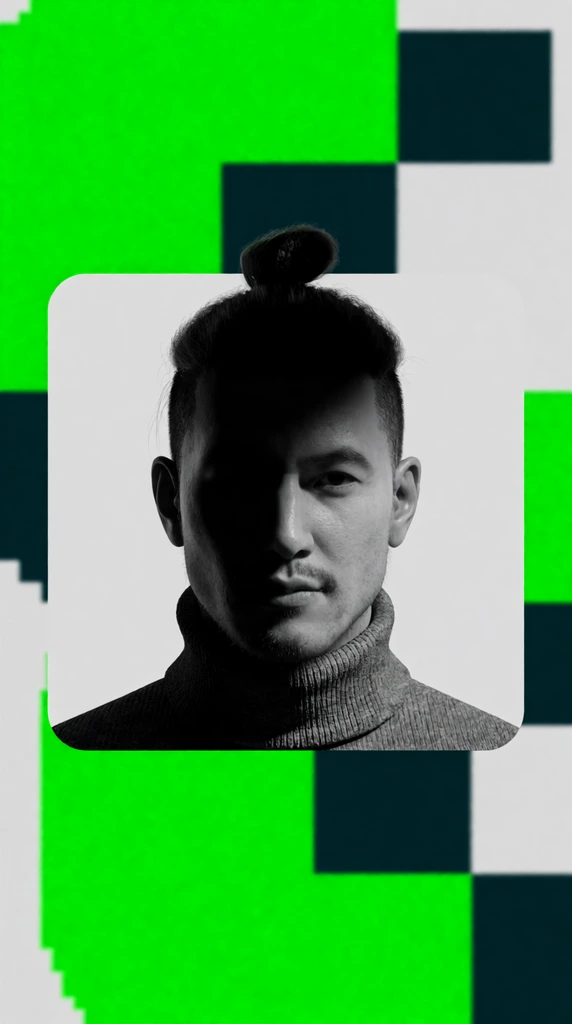 A stylized black-and-white portrait of a man with a top knot and a textured grey turtleneck, illuminated by stark directional lighting. The digitally rendered figure is framed within a white rounded square, juxtaposed against an abstract background of oversized, pixelated geometric blocks in vibrant neon green, dark teal, and light grey.