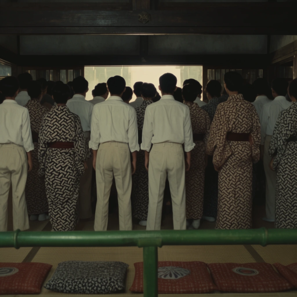 A crowd viewed from behind stands in a dimly lit tatami room, facing a bright opening. They wear white shirts, trousers, and patterned kimonos. A green railing and cushions fill the foreground in this low-angle cinematic shot with a muted vintage color palette.