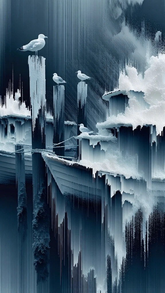 digital glitch art composition of fishing boats moored to weathered wooden poles with seagulls perched on top, executed in a pixel-sorting aesthetic with sharp vertical streaks of deep navy, slate, and crisp white, silhouettes of the vessels and pilings are fragmented and pulled downwards into long needles of color, incorporating grainy salt-spray textures and frozen mist details, high contrast between deep shadows and luminous highlights, minimalist vertical orientation, ethereal abstraction.