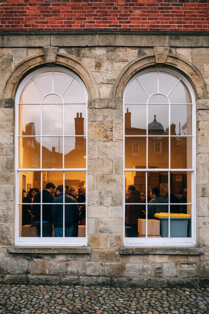 A historic stone and red brick facade features two large arched windows with white frames. Warm interior lighting illuminates a gathering of people standing among stacked boxes and a grey and yellow bin. The window glass sharply reflects an overcast sky and silhouettes of opposite town architecture, including chimneys and a domed structure. The ground is paved with rounded cobblestones.