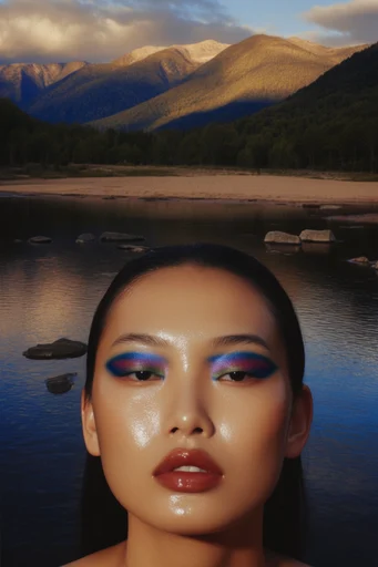Prismatic Ethereal Glamour style reference image — hyper-glossy skin texture