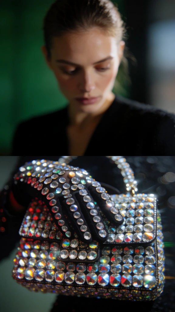macro fashion photography, shallow depth of field, upper half features a woman with hair pulled back looking downwards, soft cinematic lighting, lower foreground holds a large handbag, a hand wearing a glove heavily embellished with multifaceted crystals rests on top, crystals creating brilliant prismatic refractions like water droplets, deep emerald and charcoal bokeh background, sharp high-contrast textures on the gems, elegant minimalist editorial aesthetic