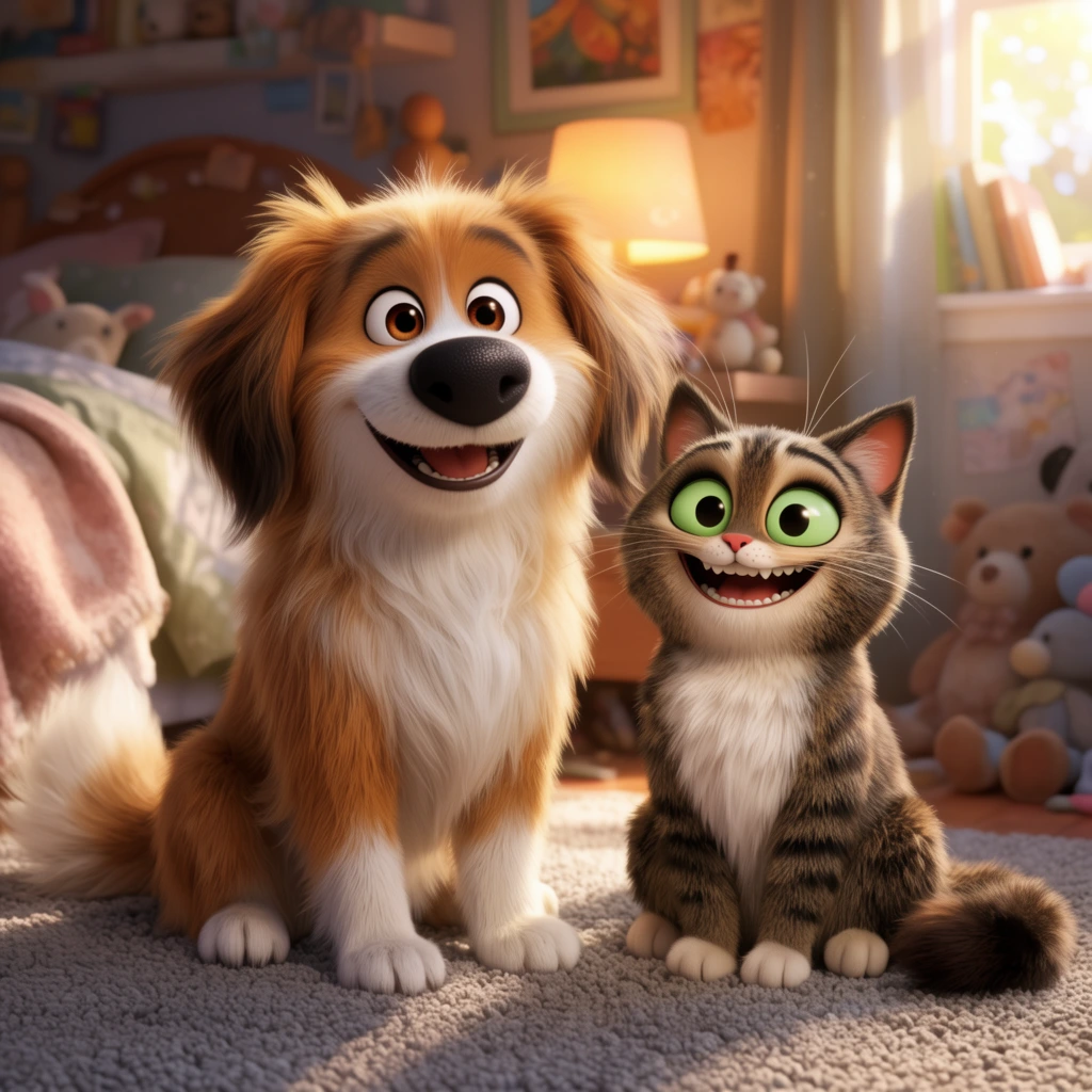 A highly expressive 3D animated dog and cat sit side-by-side on a gray textured rug. The fluffy dog features golden-brown and white fur, oversized round brown eyes, a prominent black nose, and a joyful open-mouth smile. Beside it, a brown and grey tabby cat with a white chest displays enormous bright green eyes and a wide toothy grin. They pose in a warmly lit, gently cluttered bedroom with sunlight streaming through a window on the right. The background is rendered with a shallow depth of field, softly blurring a cozy bed, a warm glowing lamp, and scattered plush toys. The artwork features meticulous fur textures, soft global illumination, and a cheerful cinematic aesthetic.