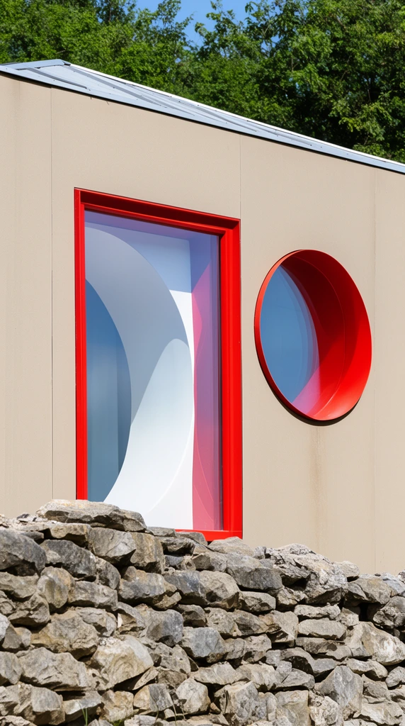 modern beige building facade, bright red rectangular and circular window frames, white curved interior reflection, rustic dry stone wall, rough gray rocks, green trees