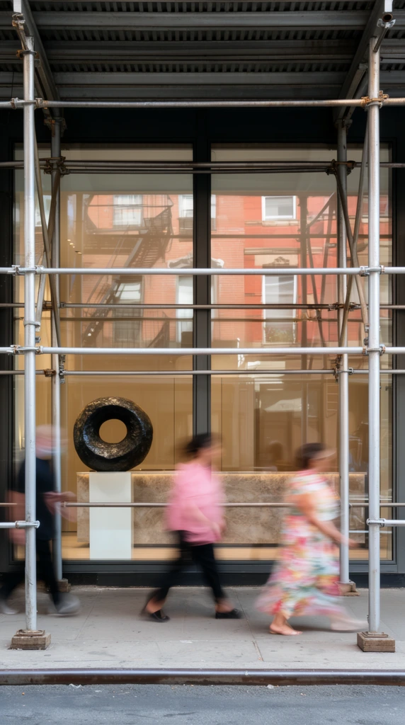 Heavy steel construction scaffolding overlays a sleek storefront while motion-blurred pedestrians hurry past on a city sidewalk. Three figures appear as sweeping color trails in dark, pink, and floral clothing. Behind them, a grid of silver scaffolding pipes frames large glass windows revealing a brightly lit, minimalist interior. A thick, dark, textured ring sculpture sits on a white pedestal beside a polished counter. The glass facade sharply reflects warm red brick buildings and fire escapes from across the street. The photography uses a slow shutter speed to contrast the dynamic blur of movement against the precise geometry of the metal framing and architectural glass.
