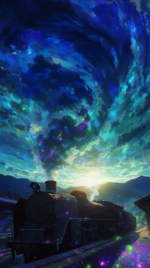 A highly detailed, anime-style digital painting of a steam locomotive parked at a train station platform, framed by majestic mountains and a sprawling, luminous sky. The imposing steam locomotive rests alongside the platform in the foreground, rendered in deep, shadowed silhouettes with sharp, stylized mechanical contours. Thick steam billowing from the engine merges into a colossal, swirling vortex of deep sapphire, bright cyan, and teal clouds that dominate the upper atmosphere. Behind the station, rolling mountain ranges form crisp, dark silhouettes against an intensely radiant, glowing light source resting exactly on the horizon line. Dramatic backlighting floods the scene, casting an ethereal, magical luminosity over the environment. Scattered across the shadowed textures of the train's metallic exterior and the platform surface are brilliant, luminescent specks of magenta, purple, and green light, resembling vibrant, glowing dust particles. The rendering technique mimics high-budget animated film backgrounds, characterized by extreme contrast, hyper-vibrant bioluminescent color grading, and sweeping, painterly cloud formations that create a vast, awe-inspiring, and deeply atmospheric cinematic composition.