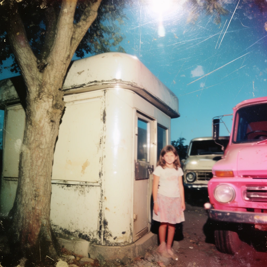 A heavily distressed, vintage-style photograph captures a large tree left of a small building, a girl beside it, and two trucks on the right. The large tree stands on the left beside the small building, which exhibits smooth surfaces, chipped paint, and accumulated dark grime along its structural seams. A girl is positioned directly beside the building. On the right side of the frame, two trucks are parked in the environment. The entire scene is illuminated by intense, direct overhead flash lighting that produces sharp, glossy highlights and casts deep, solid black shadows. The color grading relies on a retro palette of creamy whites, bright cyan blues, and vivid rosy pinks. The image is rendered with the distinct characteristics of aged analog film, heavily overlaid with long diagonal surface scratches, scattered dust particles, smudged dirt, and a slightly softened, degraded focus, completing a nostalgic, mid-century snapshot aesthetic with darkened, worn corners.