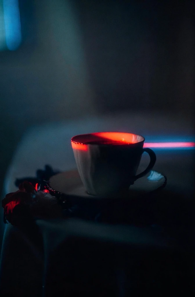 cinematic still life of a ceramic teacup on a saucer resting on a table covered in flowers, illuminated by a single sharp horizontal beam of glowing orange-red light, set against a dark moody backdrop of deep teal and navy shadows, featuring heavy film grain, soft focus, shallow depth of field, high contrast, ethereal atmosphere, 35mm film aesthetic, low-key lighting, mysterious tone, blurred textures, complementary color palette of embers and ice.