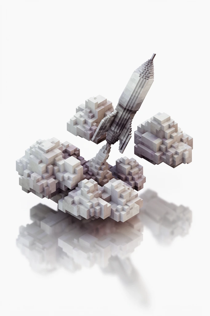 A single rocket soaring through clouds, rendered as a 3D isometric voxel diorama isolated on a pure white background. The rocket and surrounding volumetric cloud formations are constructed entirely from rigid, interlocking cubes, creating a stepped, low-resolution geometric aesthetic. The color palette is heavily desaturated, utilizing monochromatic pale grays, chalky whites, and subtle hints of muted lavender and sepia embedded within the recessed shadow areas. Soft, directional overhead lighting casts precise, blocky gradients across the flat, orthographic faces of the cubes, sharply defining the 90-degree angles of the voxel structures. Beneath the floating cluster of blocky clouds and the angled rocket, a glossy, mirror-like reflection duplicates the geometric forms, fading smoothly downward into the endless, unblemished white void of the environment.