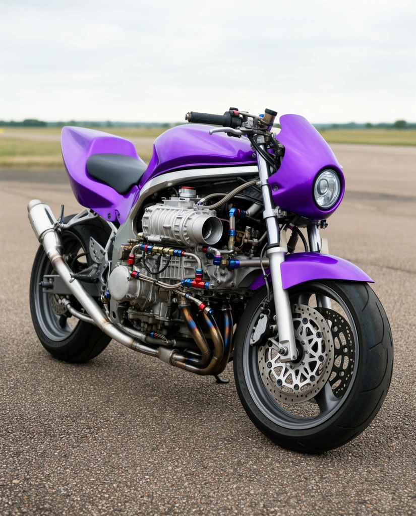 A heavily modified, vibrant purple streetfighter motorcycle sits parked on a coarse asphalt runway under an overcast sky. The exposed, oversized engine block dominates the machine's right profile, showcasing complex mechanical upgrades including a large supercharger housing, braided steel lines with red and blue anodized fittings, and a thick silver exhaust system with heat bluing near the headers. Minimalist bodywork includes a rounded front cowl featuring a single projector headlight, a sweeping fuel tank, and a sharply angled tail section with a black solo seat. Sturdy silver inverted front forks connect to dark grey alloy wheels equipped with petal-shaped dual front brake rotors and wide performance tires. Captured from a three-quarter front angle at eye level, the crisp automotive photography highlights the intricate metallic textures against a softly blurred background of a distant grassy field and pale horizon.