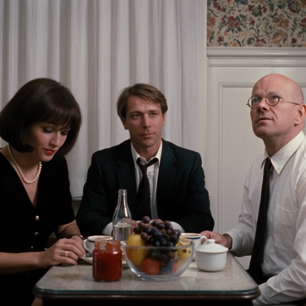 three people sitting around a small table, a woman with dark brown hair in a bob wearing a black dress and a pearl necklace on the left looking down, a man with light brown hair in a dark suit with a loosened tie in the center looking slightly left, a bald man with round wire-rimmed glasses in a white button-down shirt and tie on the right looking up, various items on the table including coffee cups, a glass bowl with grapes and fruit, a jar of red jam or sauce, a glass bottle, a small white lidded bowl, plain white curtains behind the woman and center man, floral patterned wallpaper on the upper wall above white paneling behind the bald man, soft interior lighting, cinematic framing