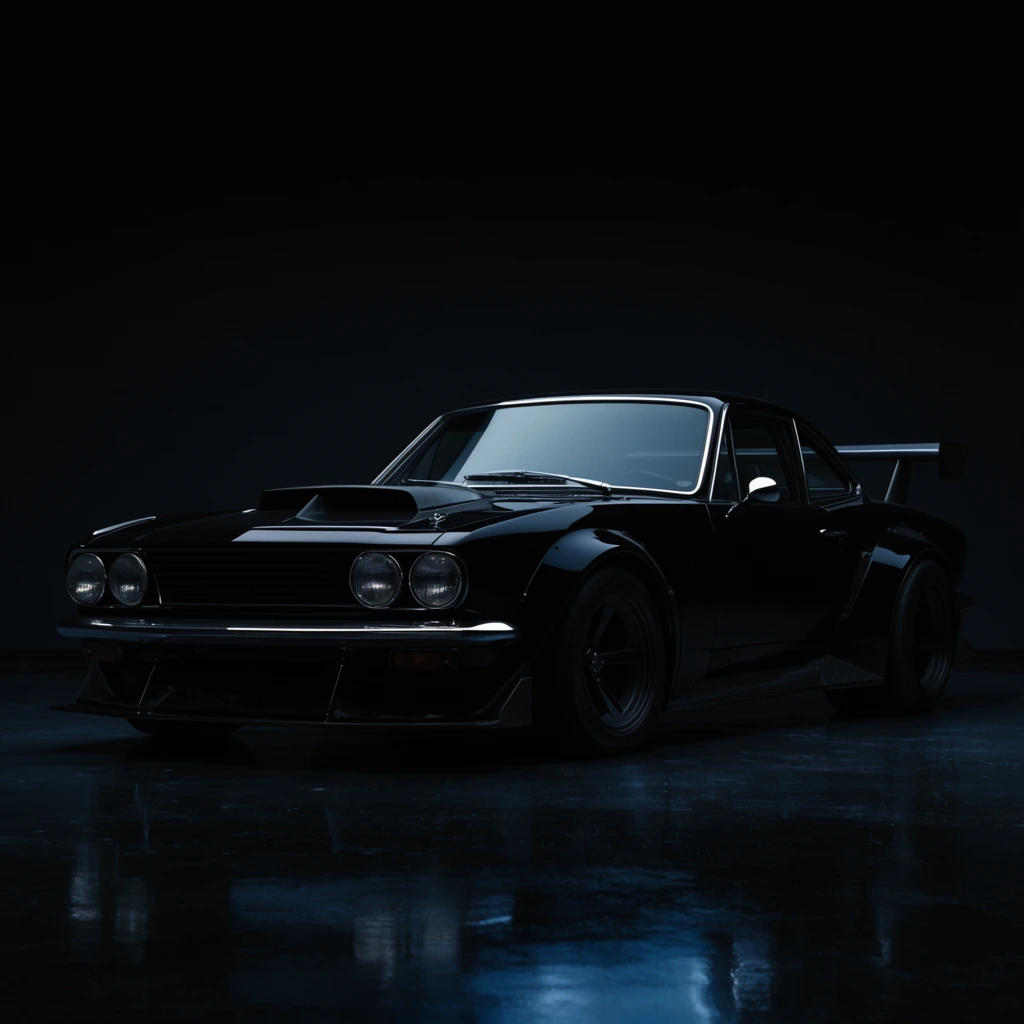 A heavily modified classic black sports car with a wide body kit, hood scoop, and large rear wing rests in a pitch-black studio. Four round headlights and chrome accents pierce the shadows. The highly reflective dark floor mirrors faint blue tones. Low-key cinematic lighting emphasizes the vehicle's aggressive, stealthy silhouette.
