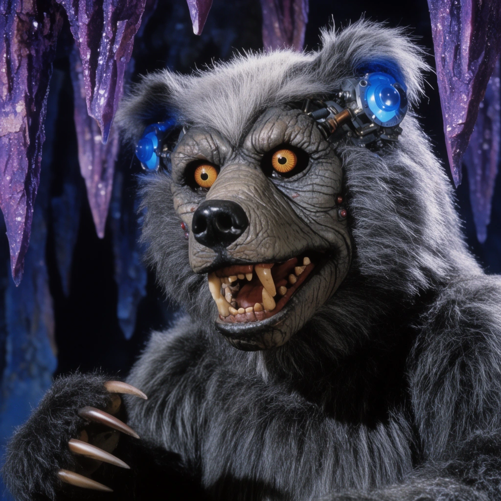 extreme close-up of a cinematic animatronic mutant bear, wrinkled leathery grey face, piercing amber glass eyes, dense silver-tipped fur, glowing blue cybernetic temple implants, raised paw with long claws, jagged purple crystalline stalactites, deep shadowed cave environment, vintage practical effects aesthetic, dramatic rim lighting