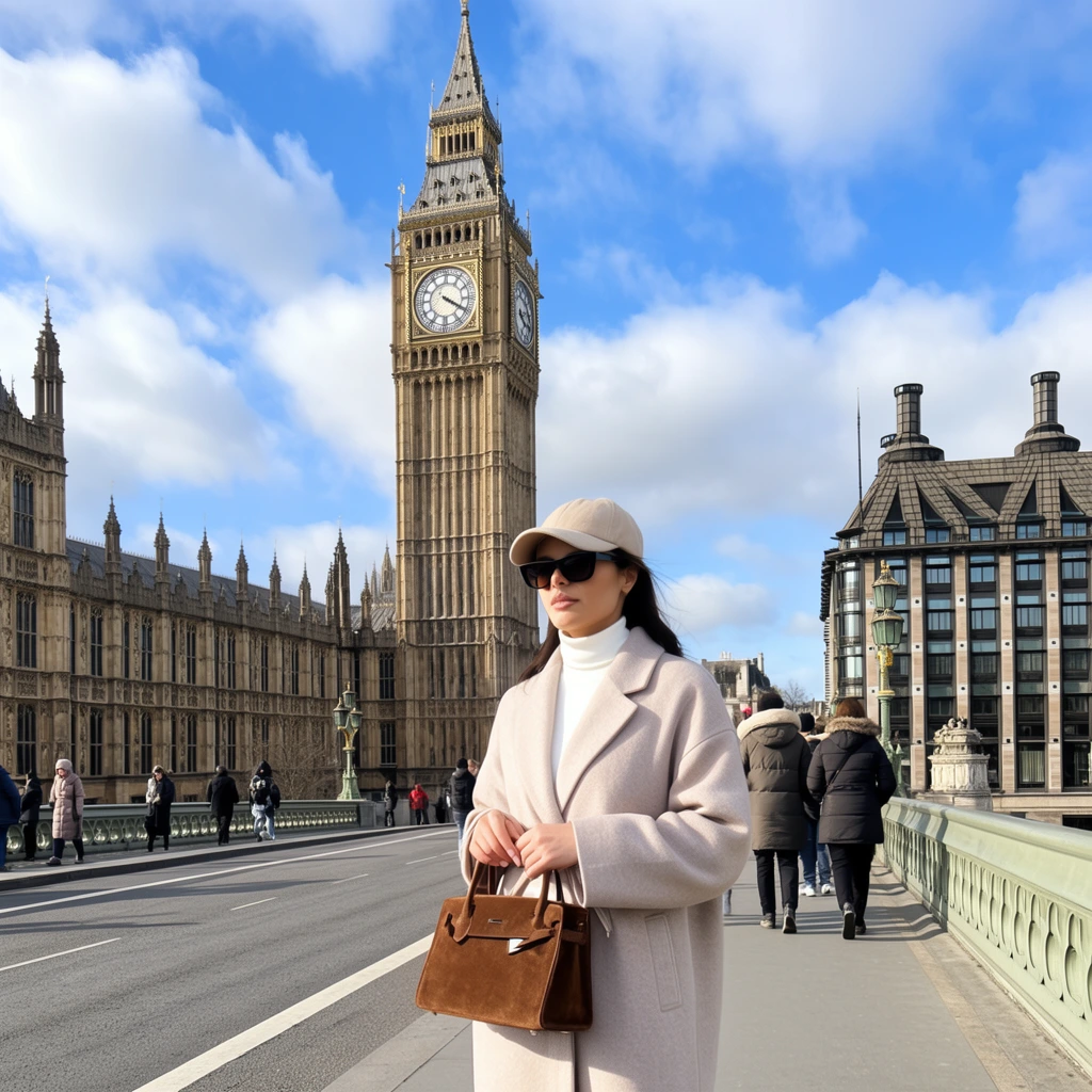 A woman poses on a wide pedestrian bridge wearing a light beige overcoat, white turtleneck, beige cap, and dark sunglasses, holding a brown suede handbag. Behind her rises a towering, intricately detailed Gothic clock tower attached to a sprawling historic stone building. Other pedestrians in winter clothing stroll along the bridge near ornate green street lamps. To the right sits a classical multi-story building with dark windows and prominent chimneys. Bright daylight illuminates the scene under a blue sky with scattered fluffy white clouds, casting crisp shadows across the paved walkway.