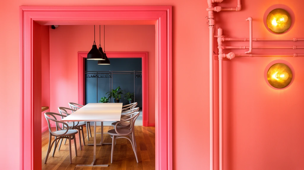vibrant coral pink interior with nested doorways creating deep enfilade perspective, right wall with painted exposed pipes and glowing brass wall sconces, doorway with thick pink trim opening to a dining area, long white table surrounded by light grey curved wooden chairs, black pendant lights, warm wood flooring, view into a contrasting dark slate blue background room with a metal clothing rack and potted plants, modern architectural photography, striking monochromatic color blocking, warm artificial lighting
