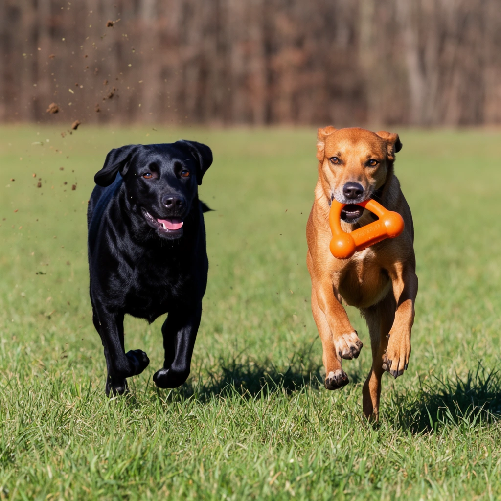 Two dogs running towards the camera in a grassy field, black Labrador on the left, light brown dog on the right, brown dog holds an orange plastic chew toy in its mouth, both dogs have paws off the ground, mid-stride, black dog has mouth slightly open, tongue visible, brown dog stares intently ahead, flying dirt kicked up behind the black dog, green grass foreground, blurred brown trees in the distant background, bright sunlight, shadows cast on the grass, action shot, fast shutter speed, telephoto lens, shallow depth of field.