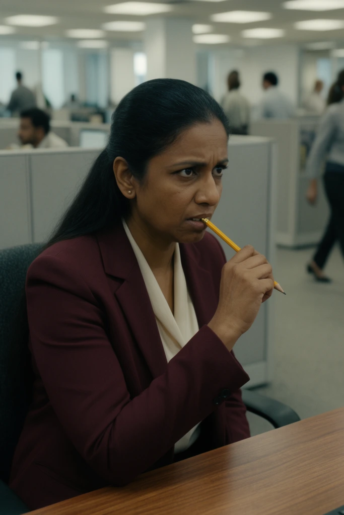 A middle-aged South Asian woman with long black hair pulled tightly back sits at a wood-veneered desk in a sprawling corporate office. She wears a tailored maroon blazer over a cream blouse. She stares intently toward the right edge of the frame, nervously biting the end of a yellow wooden pencil. The background features grey fabric cubicle partitions and out-of-focus colleagues walking through the brightly lit, fluorescent-illuminated aisles. The cinematic shot utilizes a shallow depth of field, sharply isolating the woman's tense expression against the muted, desaturated environment of the bustling office floor.