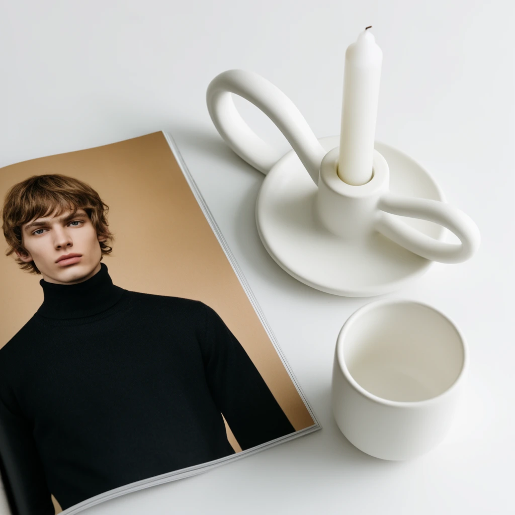 minimalist flat lay on a pristine white surface, fashion magazine featuring a male model in a black turtleneck on a tan background, modern white ceramic loop-handle candle holder with a short white candle, matching empty white ceramic cup, soft diffused lighting, clean editorial photography