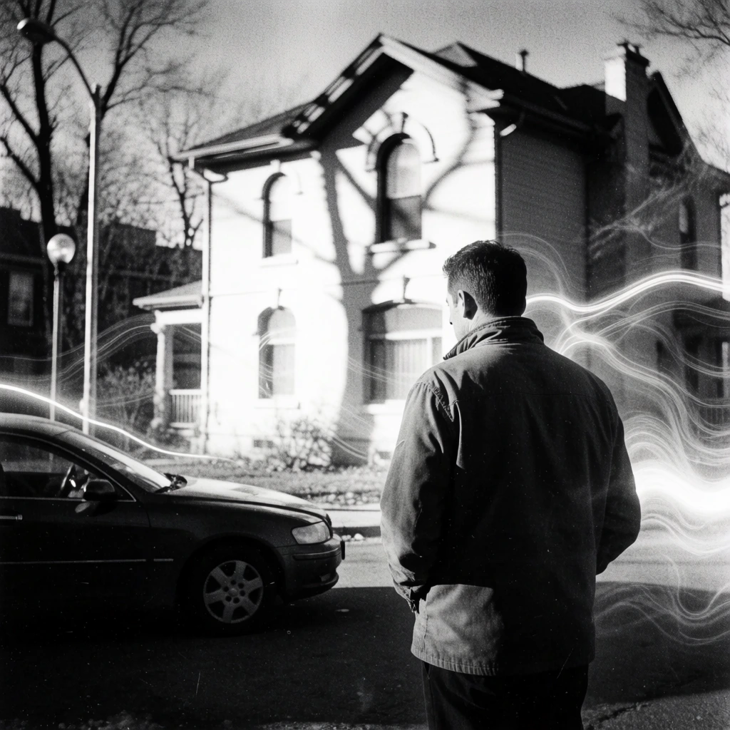 high-contrast noir-style black and white photography, heavy film grain, chiaroscuro lighting with deep shadows and blown-out highlights, long exposure light trails swirling across the composition, a man in a jacket seen from behind in the right foreground, a parked car in the midground to his left, a background two-story house with arched windows, a street lamp and bare trees on the far left, cinematic street photography aesthetic, gritty analog texture, harsh side-lit edges