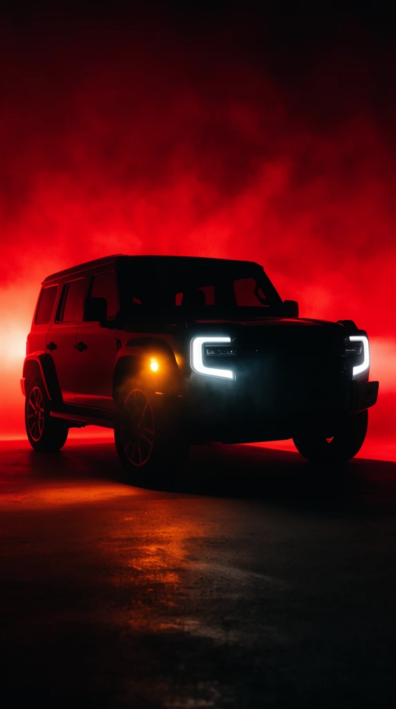 dark silhouette of a muscular SUV enveloped in dense crimson fog, glowing white bracket-shaped LED headlights, bright amber side marker, intense red backlighting, cinematic automotive studio photography, low angle three-quarter view, dramatic high contrast