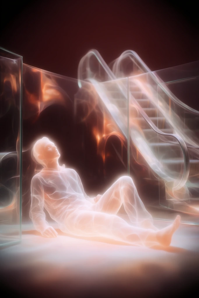 A translucent, glowing figure of a person lying on a luminous floor, entirely rendered in diaphanous, smoke-like light, surrounded by ethereal glass walls and spectral escalators against a deep, dark maroon background. The reclining person is formed from wispy, x-ray-like ribbons of peach and white luminescence, featuring a delicate, ghost-like inner glow. Around the figure, semi-transparent barriers construct glass walls that catch and bend fiery copper and soft orange radiant light with smooth, curving reflections. In the background, the escalators appear as glowing, delicate structures of overlapping translucent layers bleeding soft light into the shadows. The entire composition features an intense, soft-focus volumetric bloom, creating high contrast against the rich brown and black heavily vignetted edges. The visual execution mimics long-exposure light painting and surreal fractal flame rendering, characterized by pronounced optical edge softness, flowing spectral silhouettes, and a dreamy, mystical atmosphere.