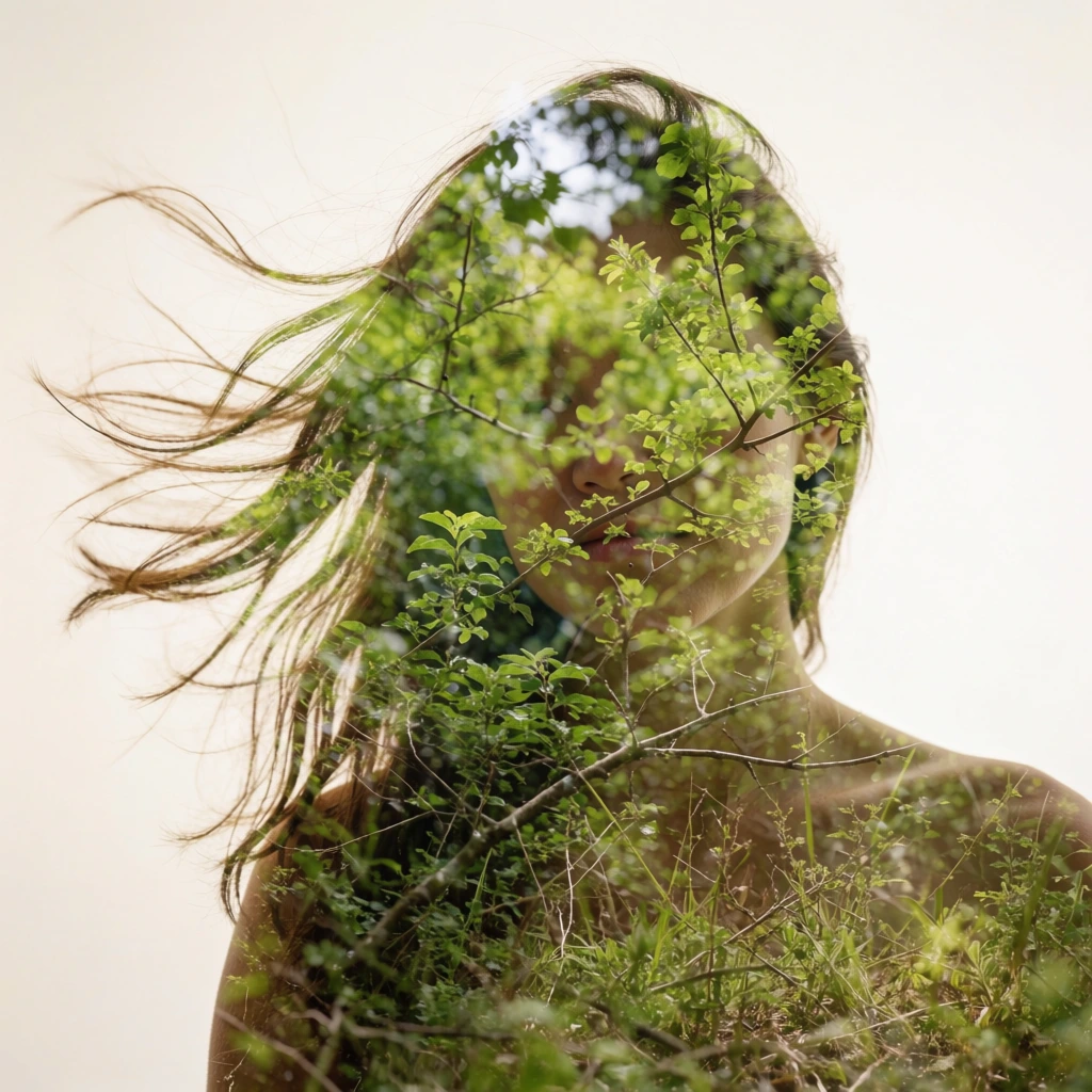 Surreal double exposure photography blending a human silhouette with vibrant green foliage against a solid warm white background. Windblown hair and faint facial features dissolve seamlessly into dense leaves, thin brown branches, and wild undergrowth, creating an ethereal fusion of human contours and intricate botanical textures.
