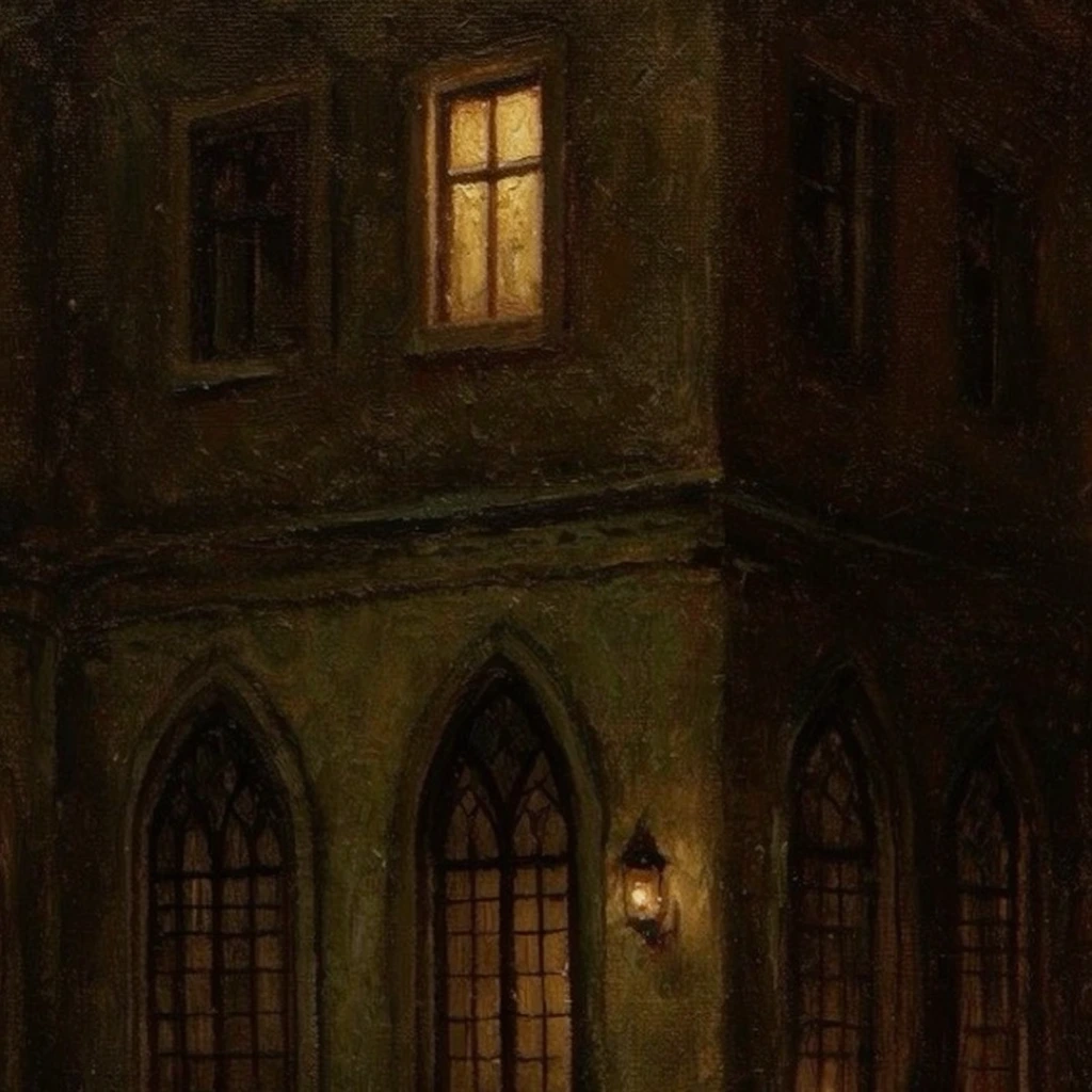 close-up of a dark gothic building exterior at night, oil painting on heavily textured canvas, warm golden light radiating from a single rectangular window on the upper floor, ground level featuring pointed arched windows with dark grid tracery, small glowing wall lantern mounted on the corner, deep shadows, dark brown and olive green stone walls, intense chiaroscuro lighting, moody nocturnal atmosphere, earthy color palette, vintage architectural nocturne