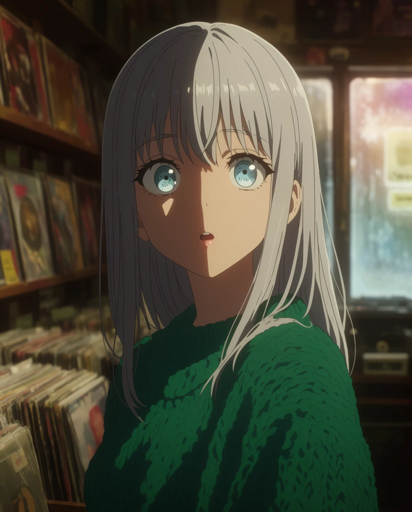 A young anime-style woman with sleek silver hair and luminous ice-blue eyes stands in a blurred vintage record store. She wears a chunky emerald-green sweater, gazing forward with a wide, captivated expression and slightly parted lips. A sharp diagonal shadow obscures the left side of her face, contrasting with warm light illuminating her right cheek. Behind her, shallow depth of field softens wooden shelves packed with vinyl records on the left and a brightly glowing frosted window on the right. The cinematic 2D animation style features rich atmospheric lighting and glossy eye details.