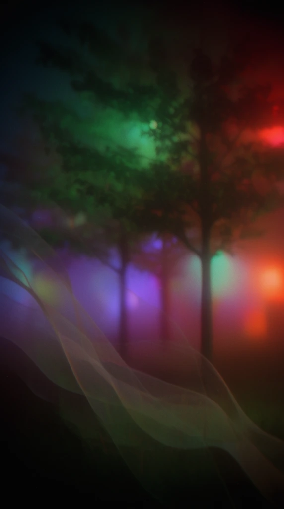 Overlapping wavy transparent layers drift in front of multiple trees immersed in a heavily blurred, cinematic atmosphere of deep jewel-toned lights. The foreground is dominated by the undulating, translucent layers that softly warp the view, while the trees stand behind them as dark, soft-edged silhouettes receding into a dense, foggy environment. The lighting is low-key and dramatic, characterized by intensely diffused, out-of-focus pools of neon emerald green, vivid violet, and fiery red-orange luminescence piercing through the heavy atmospheric haze. Deep vignetting heavily shadows the corners of the composition, framing the central glowing elements. The artistic style features extreme optical blur, heavy film grain, soft smeared edges, glowing light leaks, and a thick, lo-fi texture that softens all defining lines and details into rich, glowing, impressionistic forms.